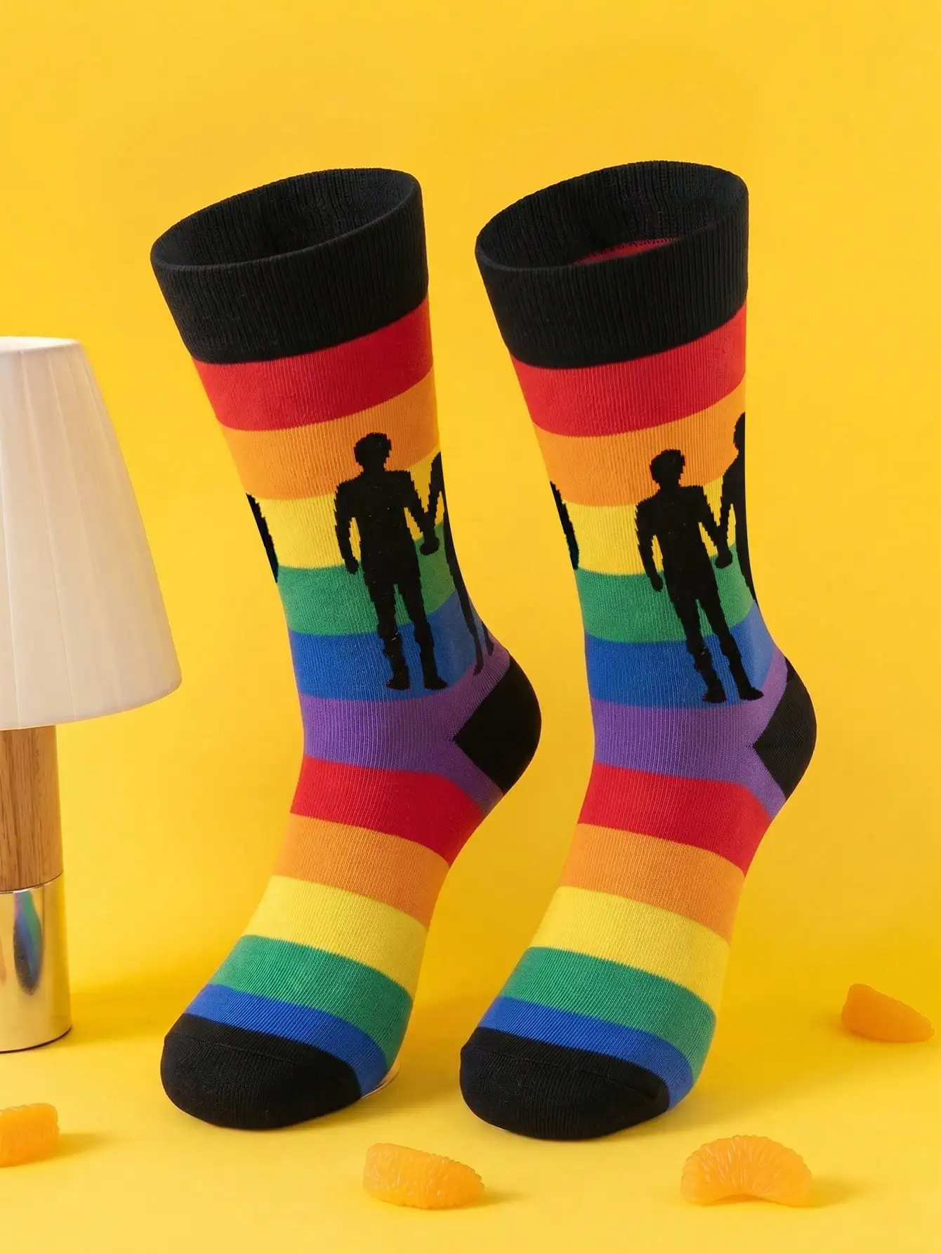 3 Pairs of Black Lgbtq Pride Mid-Calf Socks, Rainbow Gradient Letter Print, Striped Knit Cuff Casual Street Style Mid-Calf Socks