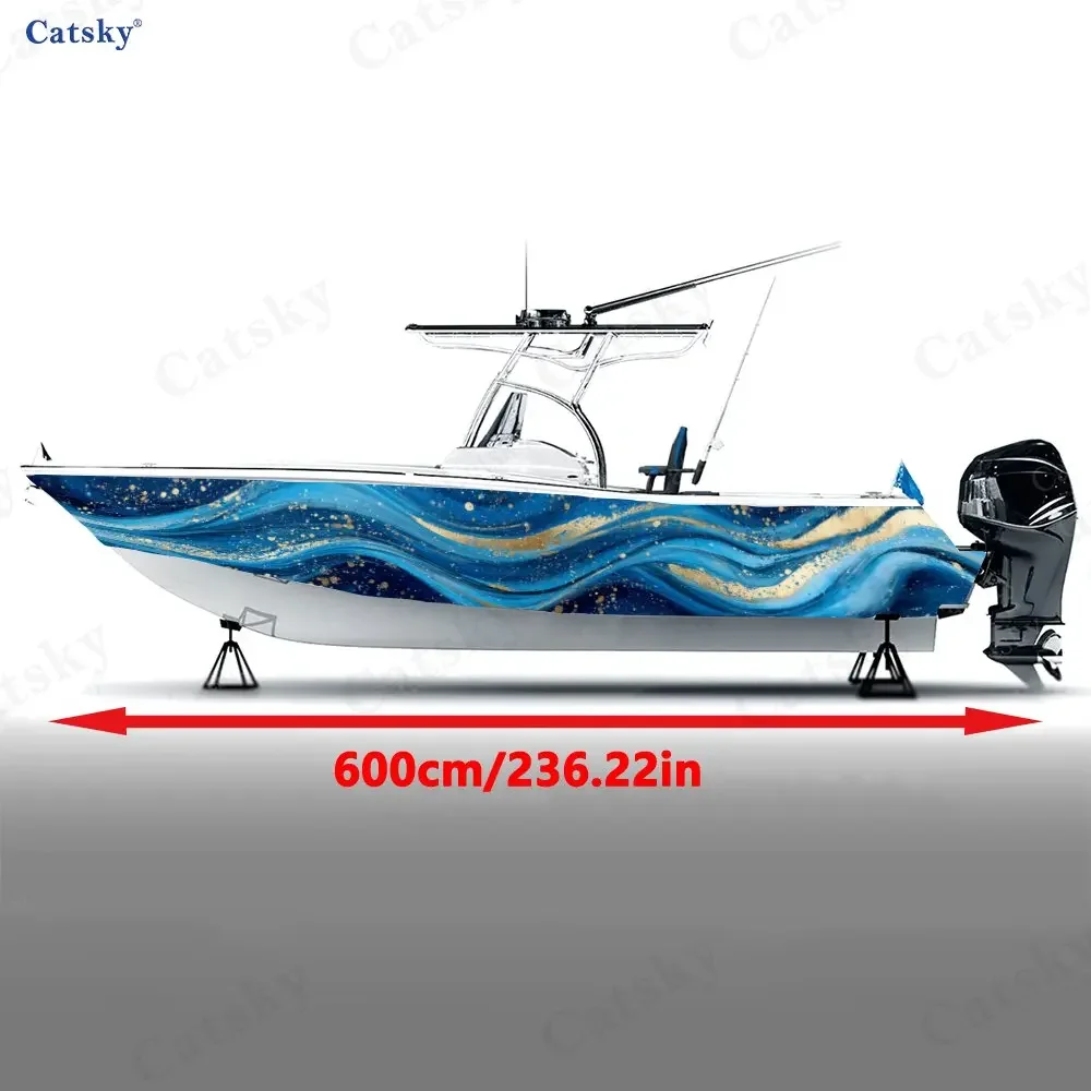 Ink Style Gold-Blue Fluid Mist Boat Stickers, PVC Waterproof Vinyl Wrap Decals for Fishing Boats, Durable and Stylish Design