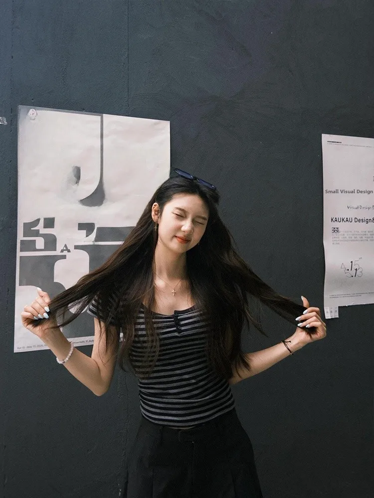 American Sle U-Ne Button Striped ort Sve T-shirt Donna Estate Colore Blo Giovane Retro Dimagrante Sexy ort Top