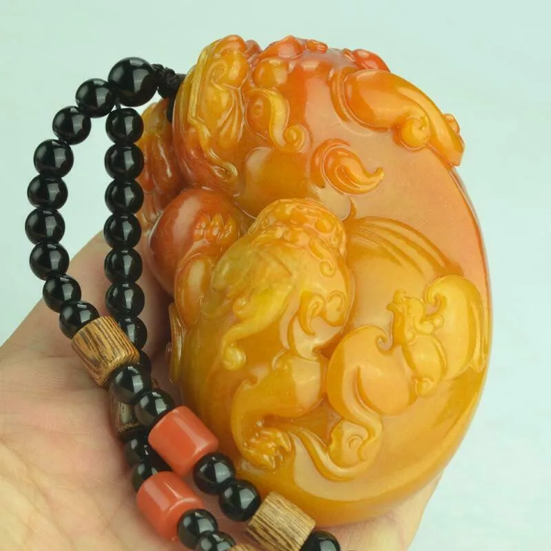 New Chinese Antique Natural Huanglong Jade Carved Pixiu Necklace Pendant