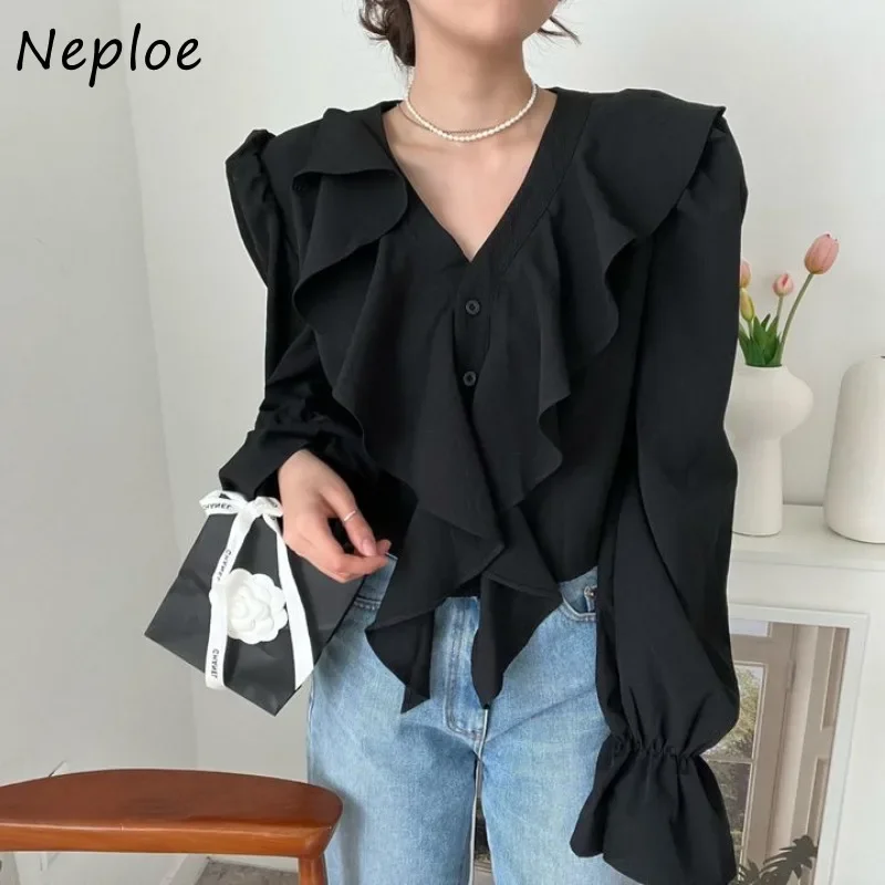 Neploe Elegant V-neck Ruffles Shirts Women 2024 Early Autumn New All-match Blouses Y2k Flare Sleeve Loose Black Blusas Mujer