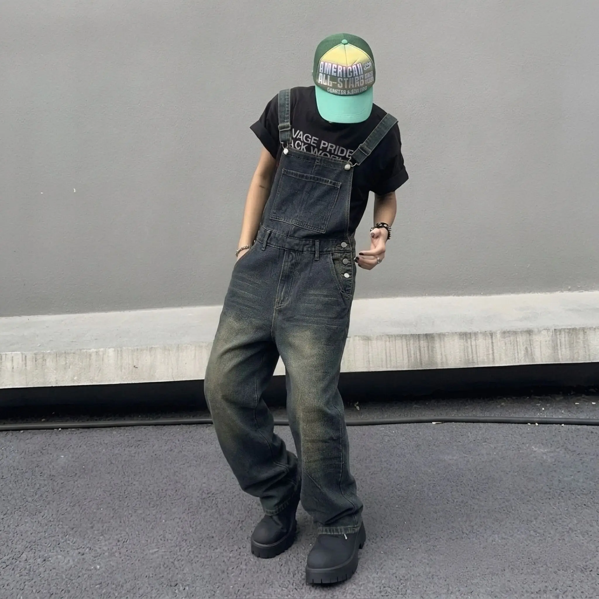 Vintage Washed Denim Overalls for Men, Loose Straight Fit, Multi-Pocket, Distressed Workwear, Zippered Suspenders, Jumpsuit for Men