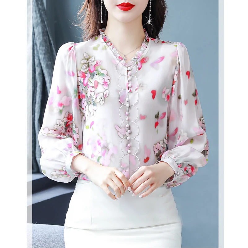 Women Clothing 2024 Autumn Fashion Floral Print Ruffle Blouses Elegant Chic Long Sleeve Shirts Ladies Casual Loose Chiffon Tops