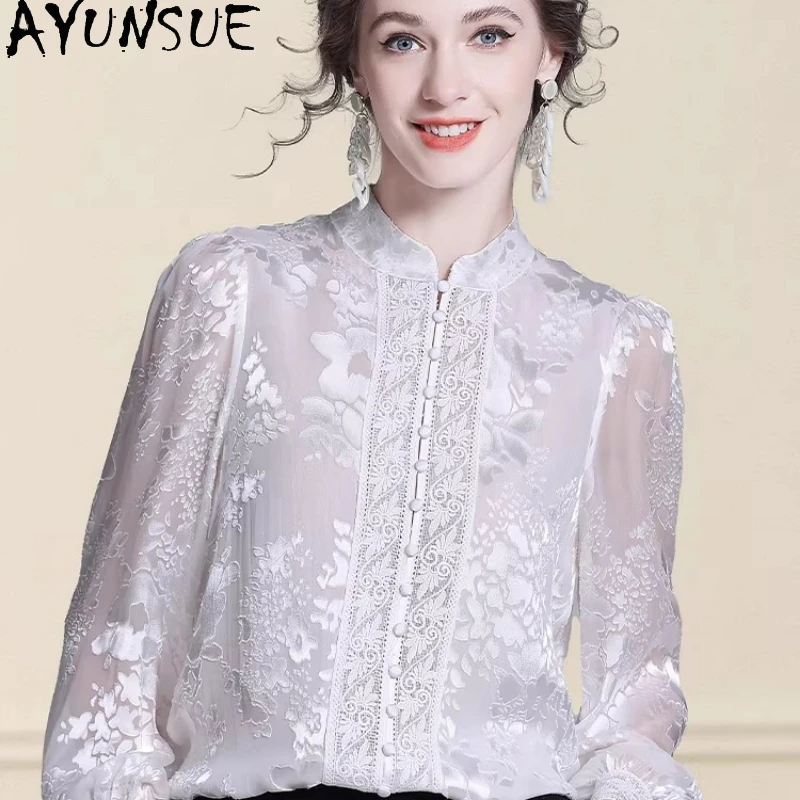 

AYUNSUE 90% Mulberry Silk +10% Viscose Womens Tops Elegant Shirts for Women Springs Summer Blouse Women Clothes Платье Женское