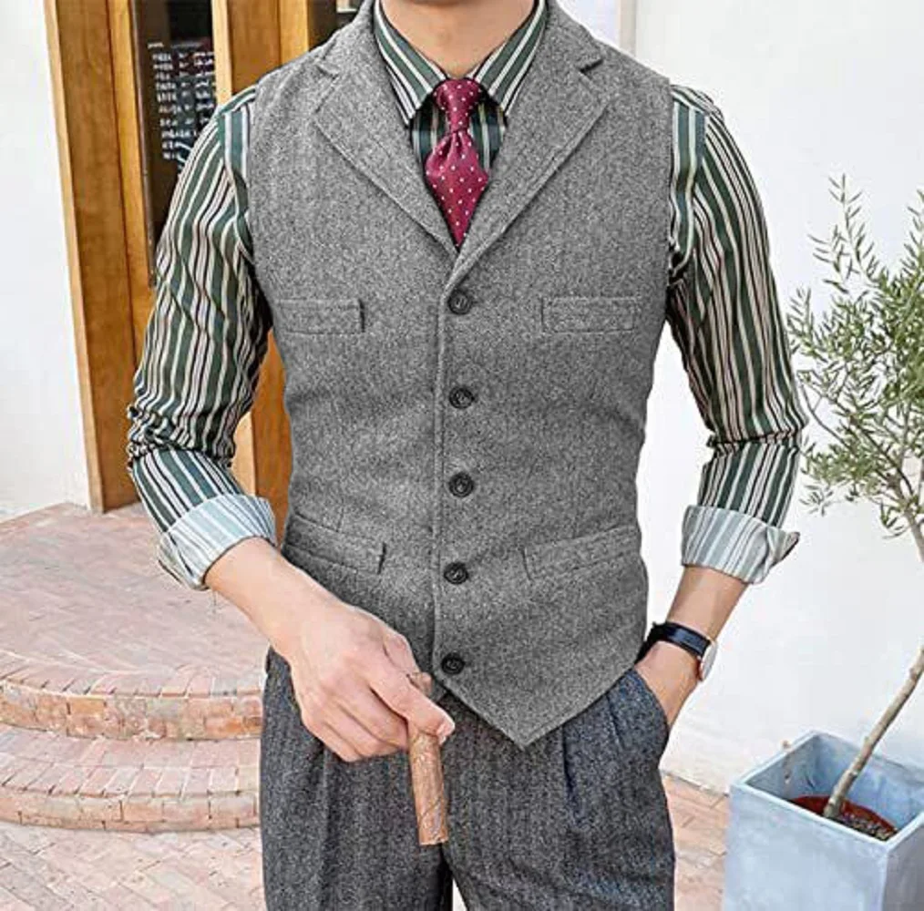 Men's Single Breasted Coarse Tweed Wool Vest Formal Clothes Man Retro Wedding Party Ball Vest Men's Knitted Vests Work Suits