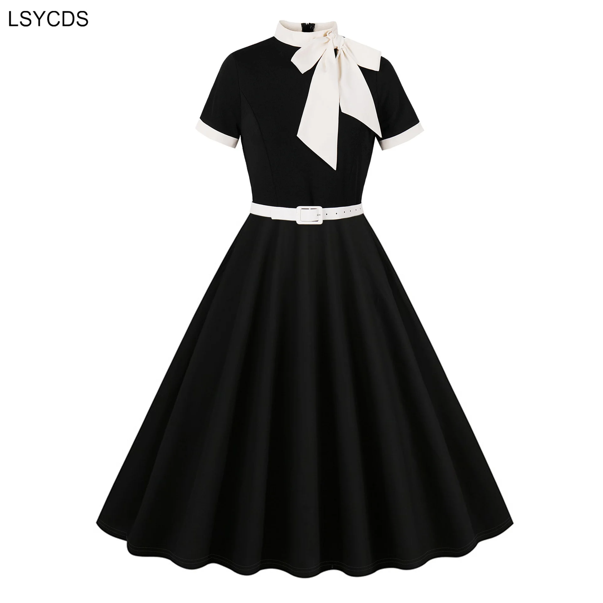 LSYCDS Bow Neck Two Tone Patchwork Women Vintage Dress 2025 New Summer Short Sleeve Belted Swing Dresses for 1950s Party Dress