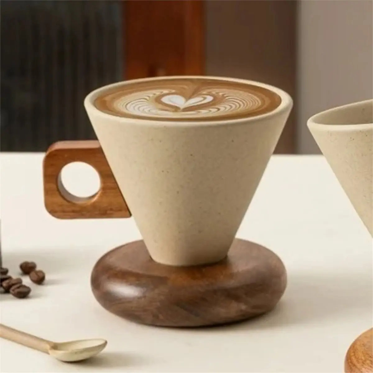 Ceramic Coffee Cup& Wood Base Spoon Set Retro Coffee Mug with Handle Household Exquisite Afternooon Tea Set for Woman - view 4