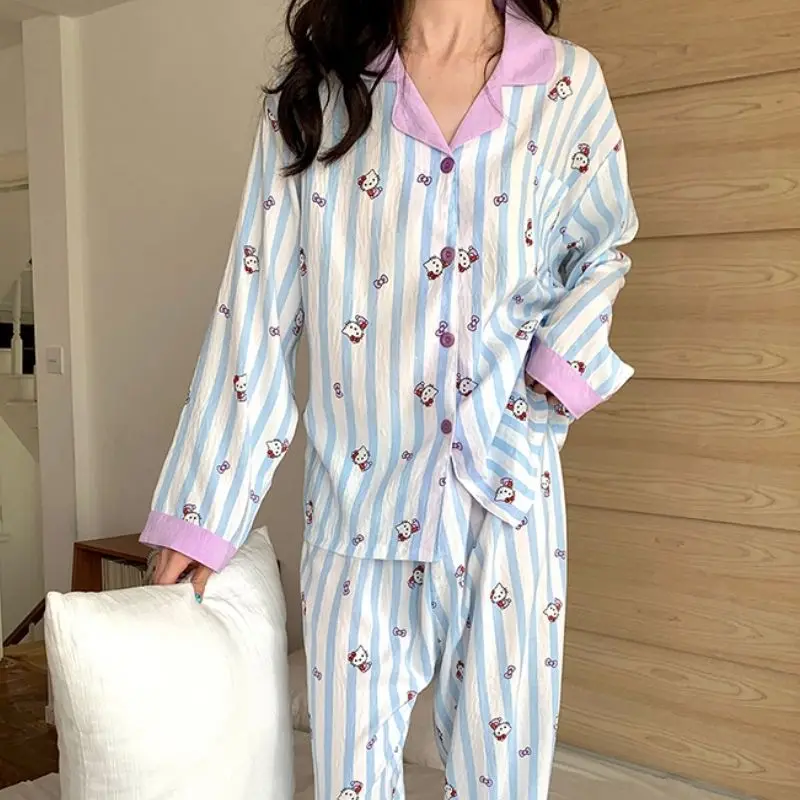 

Sanrio Hello Kitty Cotton Pajamas Women Pants Long Sleeve Sleepwear Kawaii Cartoon Spring Pyjama Home Clothes Set Birthday Gifts