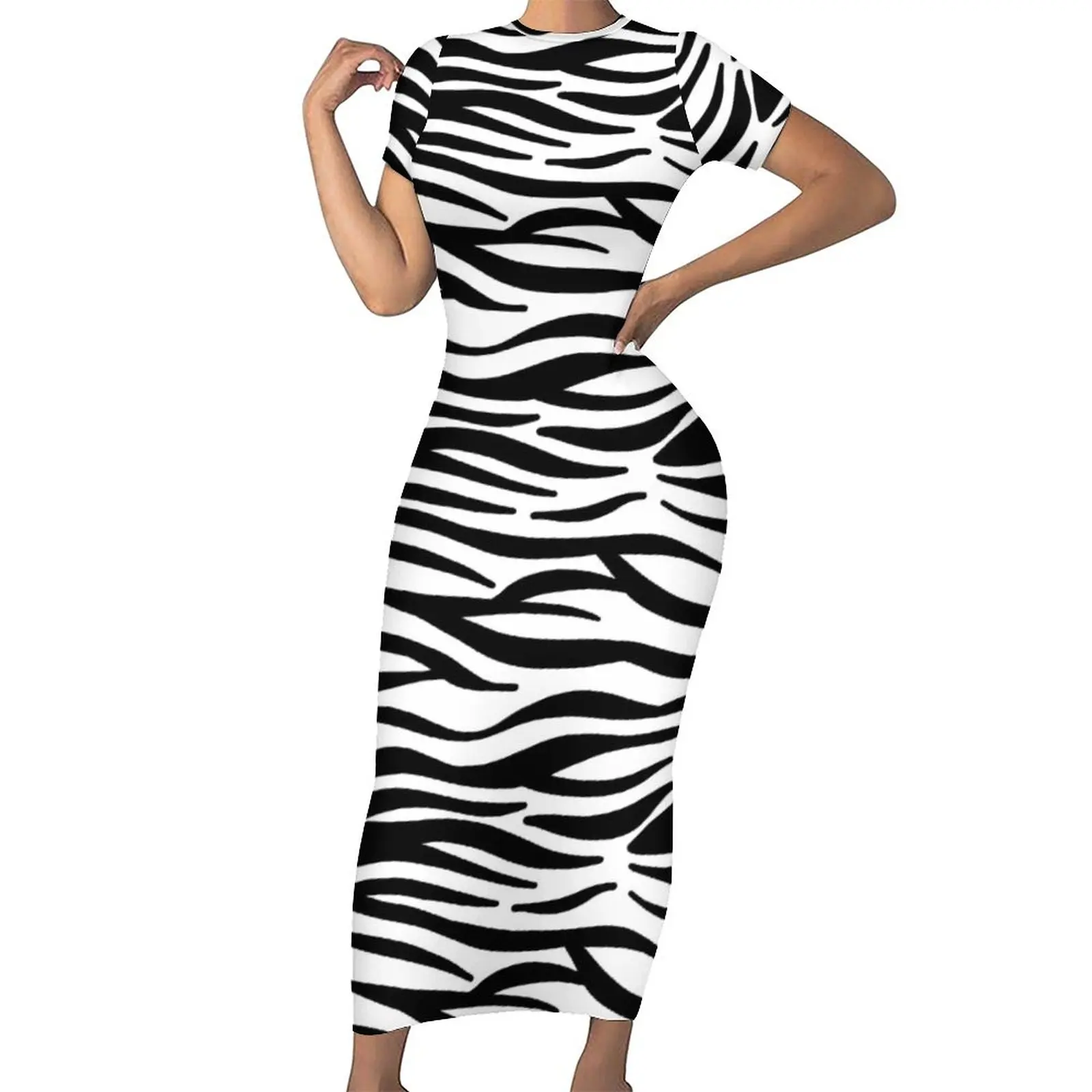 Classic Zebra Dress Short Sleeve Black And White Stripes Cute Maxi Dresses Summer Aesthetic Design Bodycon Dress Big Size