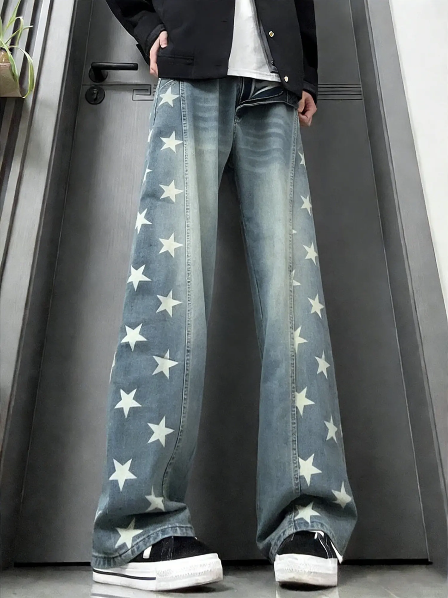 

Stars Printed Diagonal Cut Knife Jeans Men's Sle Spring Cleanfit High Street Vibe Slimming Flared Pants Youth Faion
