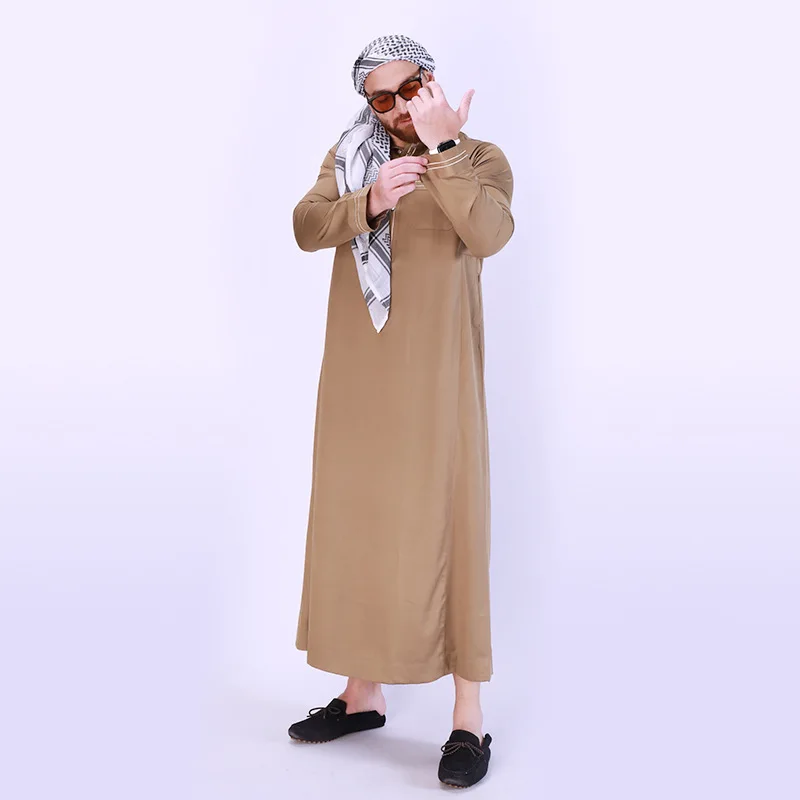 New European and American Muslim Men's Robe Abaya Stand Collar Solid Color Middle East Arab Long National Style Men's Wear