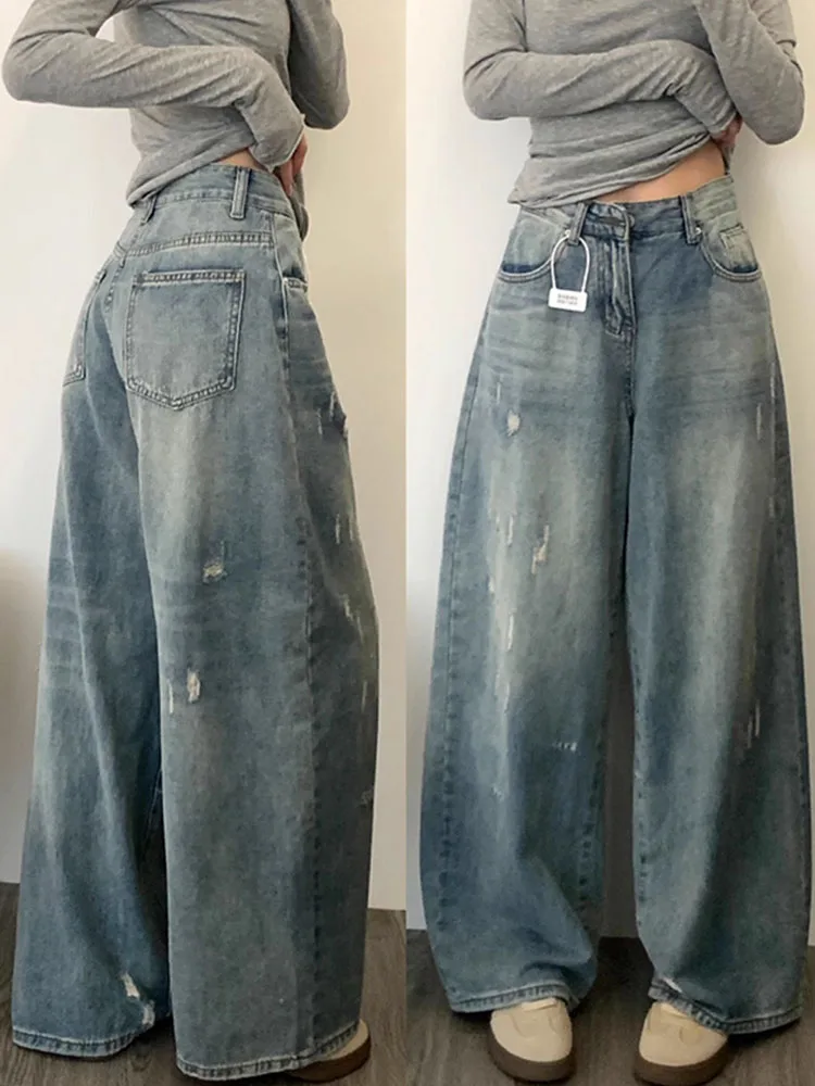 

Широкие джинсы с высокой талией, женские осенние новые джинсовые брюки большого размера с выцветшим дизайном, свободные длинные брюки, повседневные брюки