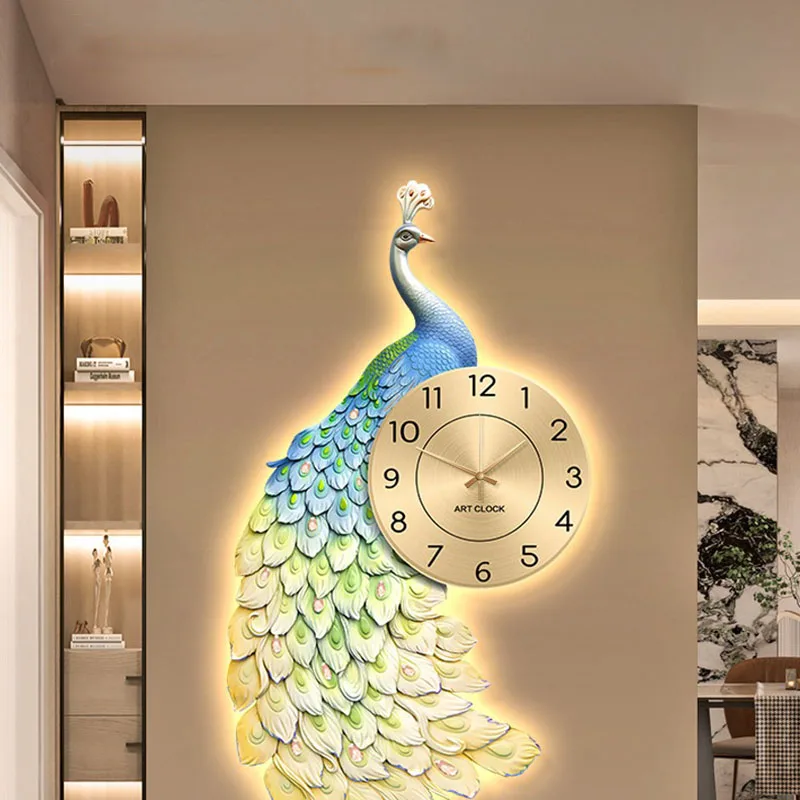 Pfau Wandkunst Moderne Luxus Eingangsbereich Dekor Mit LED-Beleuchtung Uhr Malerei Für Flur Schlafzimmer Wohnzimmer Dekoration