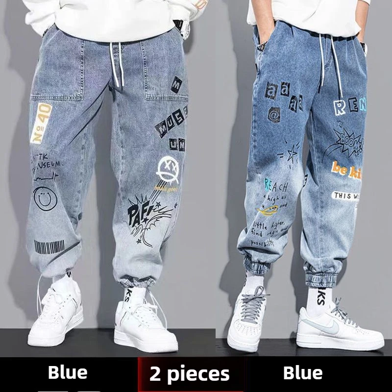 Men's Cuffed Jeans 2024 Korean Streetwear, Graffiti Ombre Baggy Pants Hip Hop Style, Spring Fall Tapered Joggers for Students