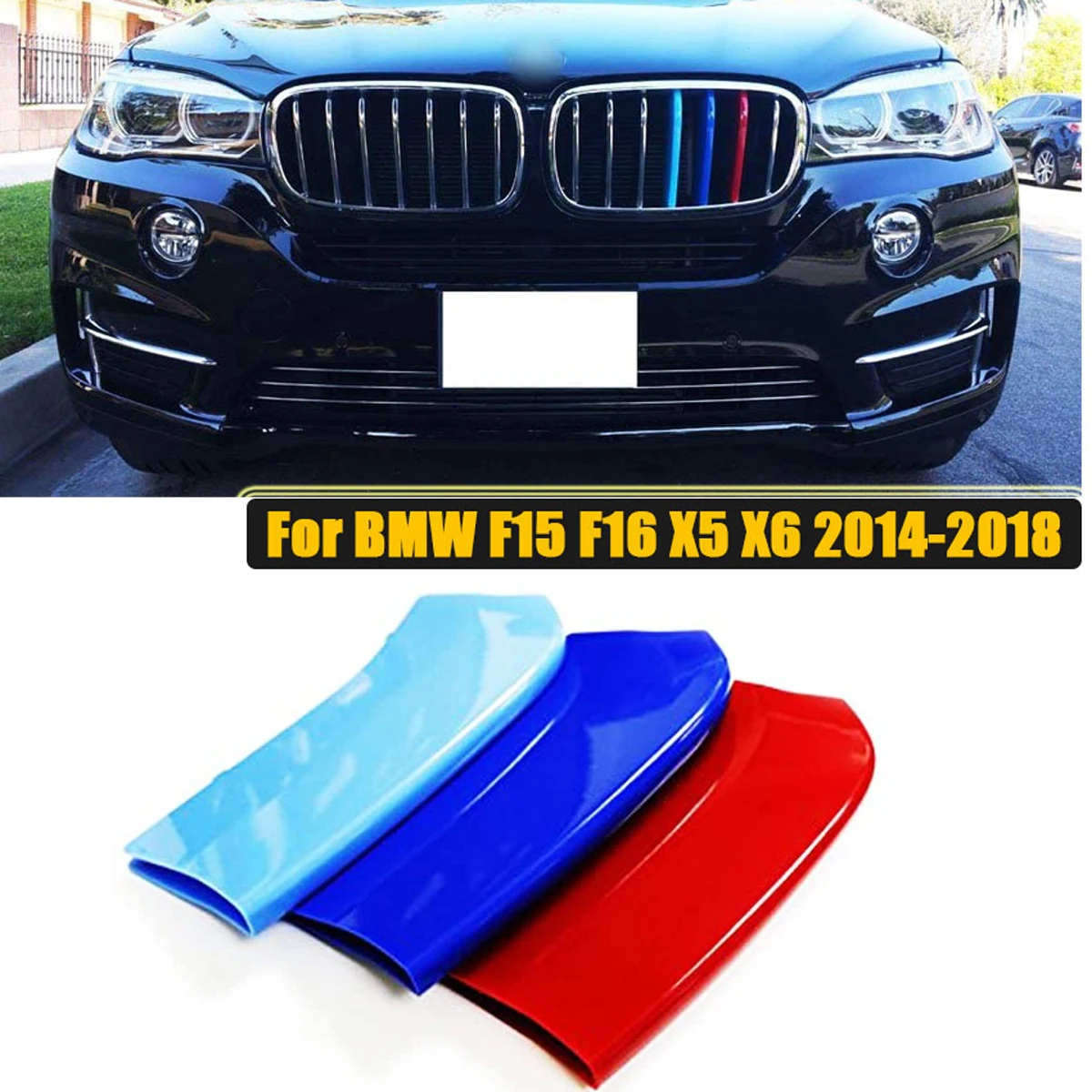 3D Sport M Style Color Front Kidney Grills 7 Bars Grille Cover Clip Trim Fit For BMW F15 F16 X5 X6 2014-2018 Tri ///M Grill