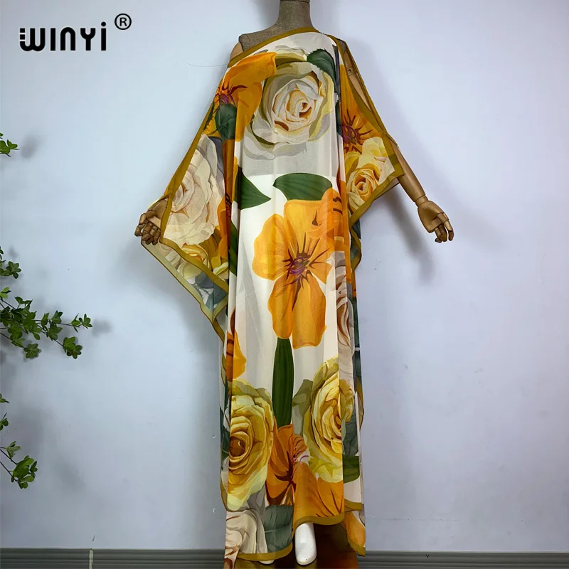 

WINYI beach dress Summer Bohemian Print Elegant Sexy High fork perspective mopping dress beach outfits for women loose kaftan