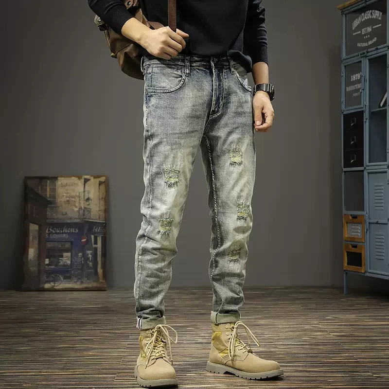 Fashion Designer Men Jeans Retro Washed Stretch Slim Fit Ripped Jeans Men Trousers Patched Vintage Casual Denim Pants Hombre