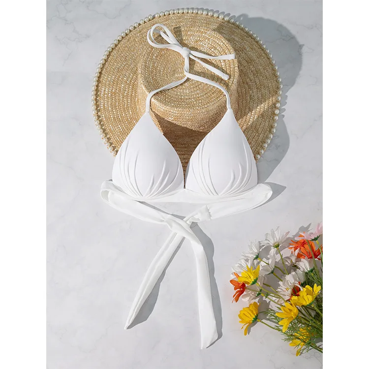 

2025 solid Beach Bra women New Halter Neck Tie Gather Bikini Swimsuit Female Hot Spring Beach Sexy Swimsuit Top