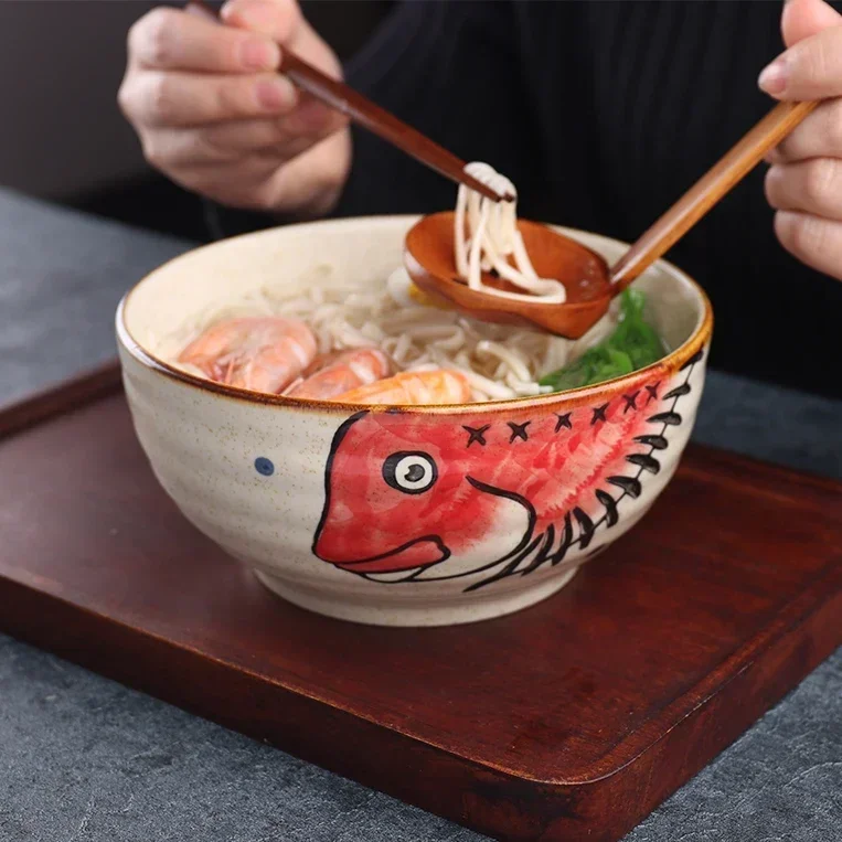 Japanse stijl handgeschilderde 7-inch keramische huishoudelijke ramenkom restaurant noedelkom grote instant noedelkom netto rood