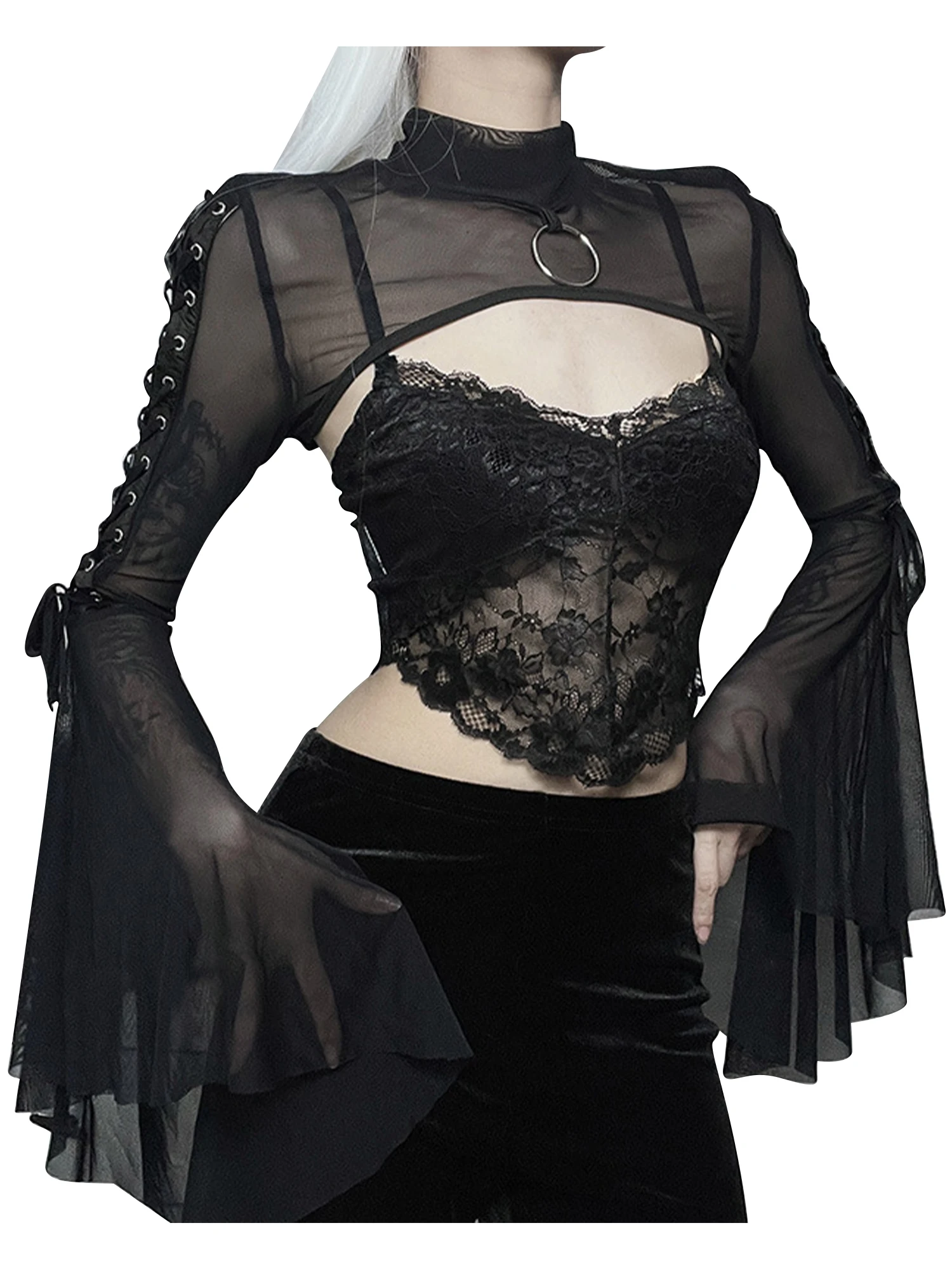 Womens See-through Mesh Long Sleeve Shrug Tops Mock Neck O Ring Lace-up Jacket Gothic Punk Flare Sleeve Crop Top Performance