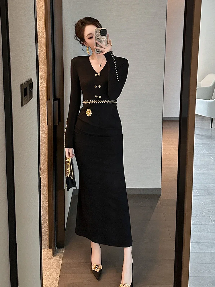 CommPiedmont-Robe Longue Noire Col V Femme, Manches sulf, Simple Boutonnage, Fleur 3D, Taille Haute, Hanche Enveloppée, Français, Élégant, Automne