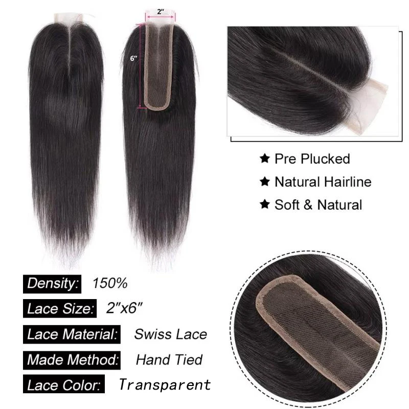 2x6 Lace Closure Straight Hair Brazilian Remy Human Hair Closure For Black Woman Transparent Lace Pre Plucked Hairline Baby Hair