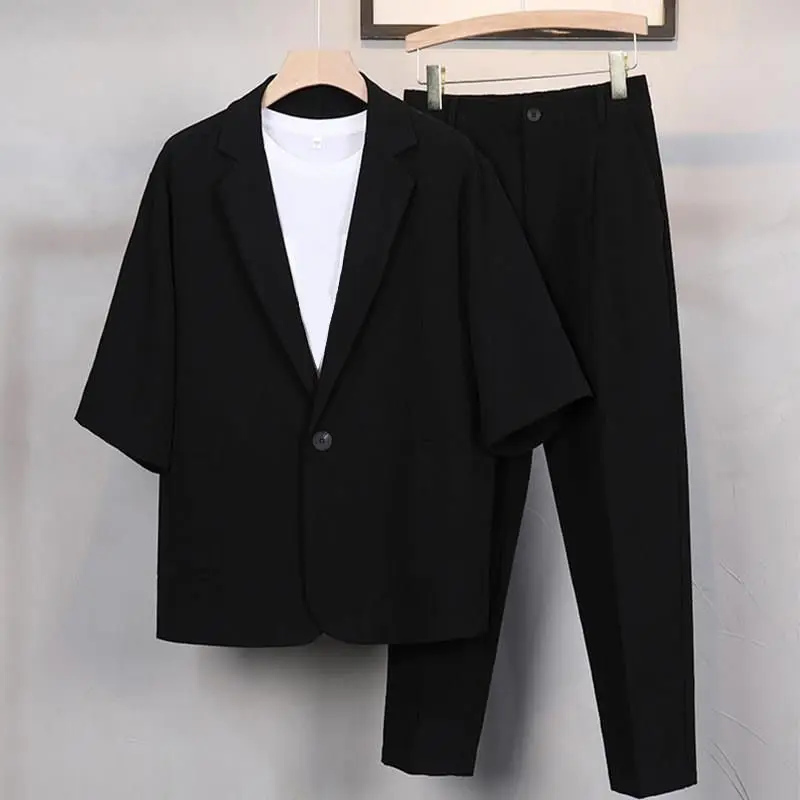 

​Plus Size Men Summer Suit Set 3 Piece Short Sleeve Blazer Korean Style Casual Big Size Outfit​