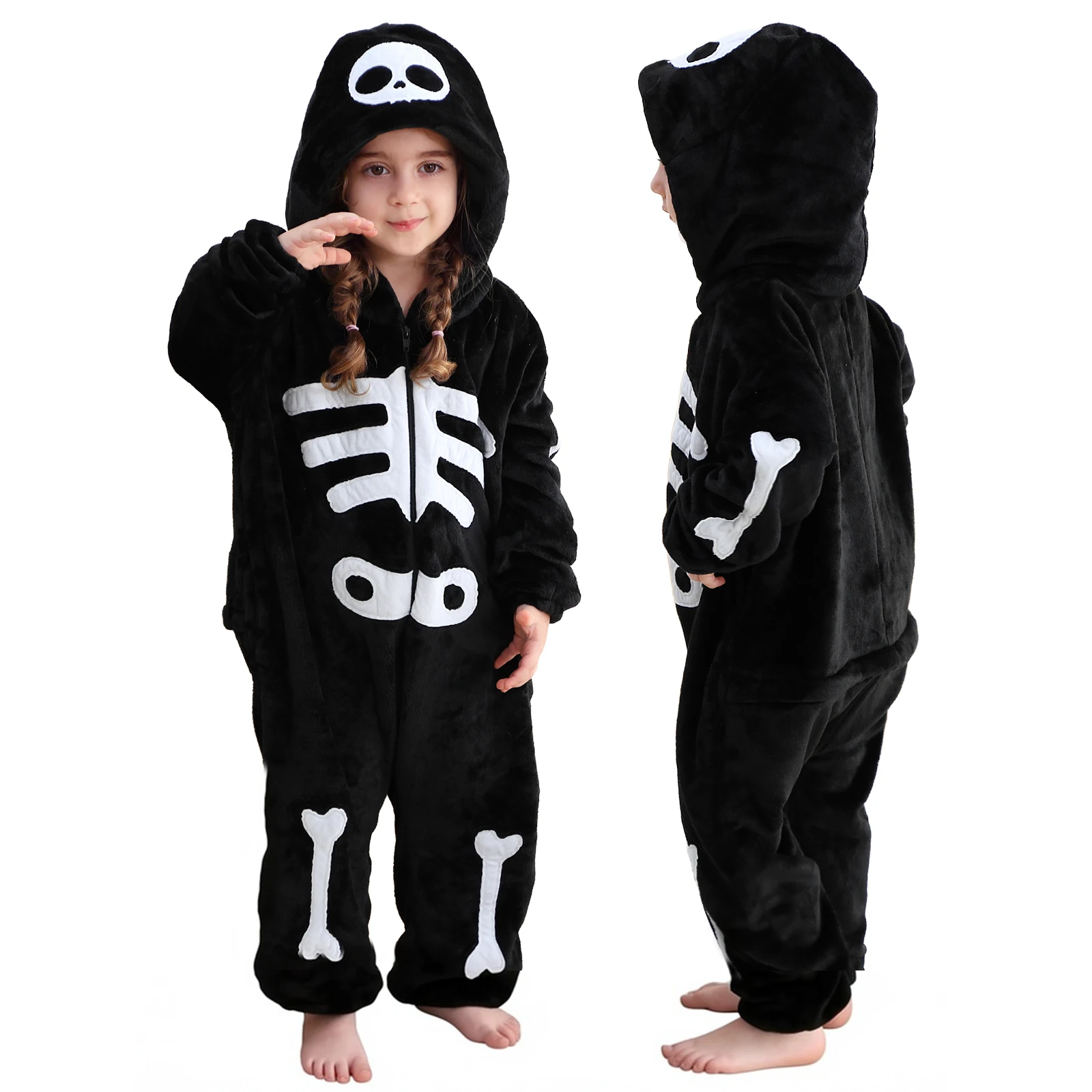 MICHLEY Skeleton Kids Halloween Costume Jumpsuit Flannel Blanket Sleepers 3-12T Onesie Hooded Pajamas Clothes For Boys Girls