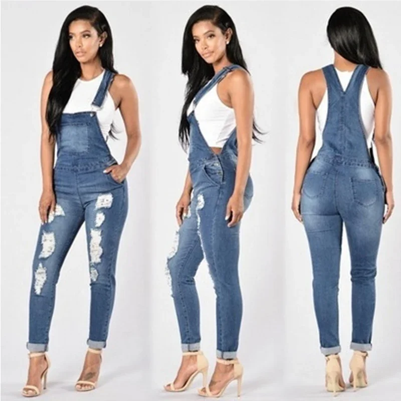 

Casual Jeans Jumpsuits Women rippped Hole Denim Jumpsuits Overall Bodysuit Casual Pocket Pencil Pants