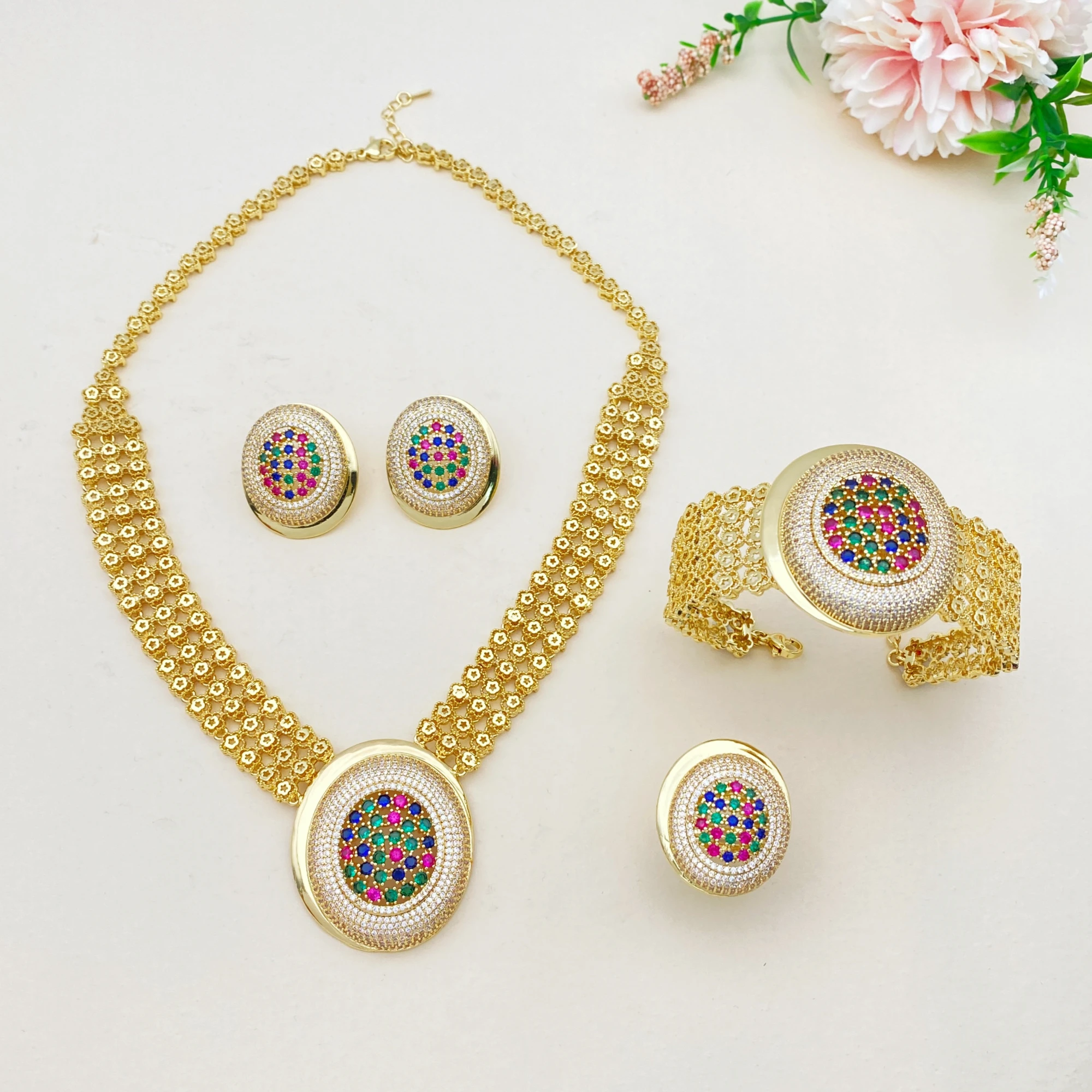 

Flora Colorful Zircon Gold Plated 4-Piece Set Earrings Necklace Bracelet Ring Wedding Evening Jewelry with Women
