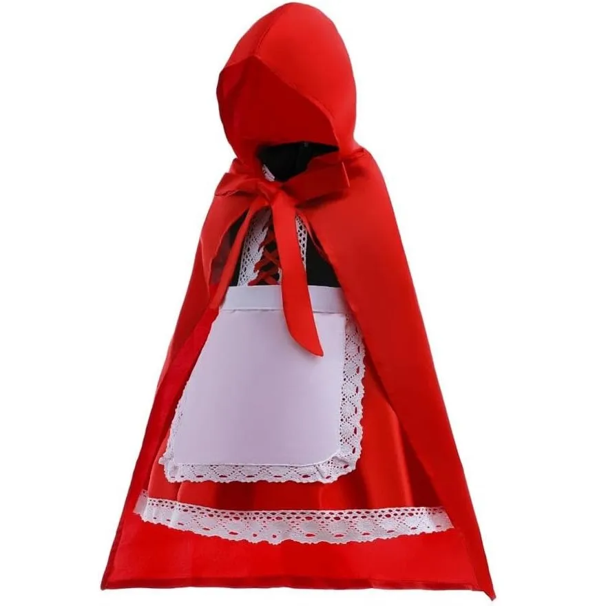 Girls Little Red Riding Hood Costume Dress Up Outfits with Cloak Headband Pumpkin Bag for Halloween Cosplay Costumes