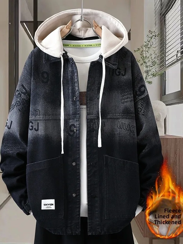 

Мужская джинсовая куртка с капюшоном, осенне-зимняя, свободного кроя, утепленная, молодежная, модная, брендовая, со съемным капюшоном, повседневная, с длинными рукавами