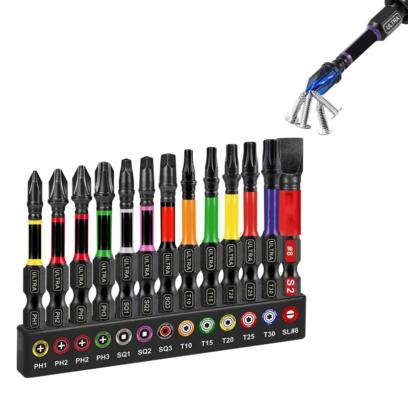 

13Pc Screwdriver Bits Set Magnetic S2 Steel Long Extension Star Driver Bits Set with Color Coded Base Suitable for Power Tools