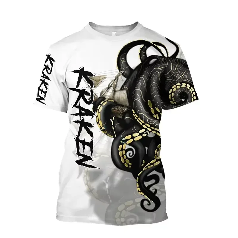 Men's Tentacle Organism Pattern T Shirt Retro Ocean Animal 3D Printed Loose Tee Round Neck Short Sleeve Streetwear Top