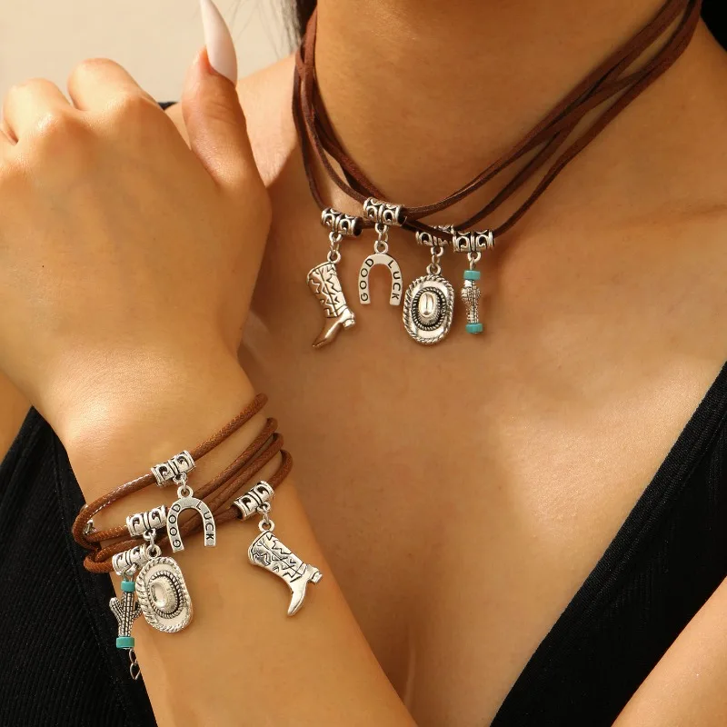 Vintage Western Cowboy Multi Layer Necklace Women's Retro Boots Horseshoe Cowboy Hat Versatile Neck Chain Bracelet Jewelry Gift