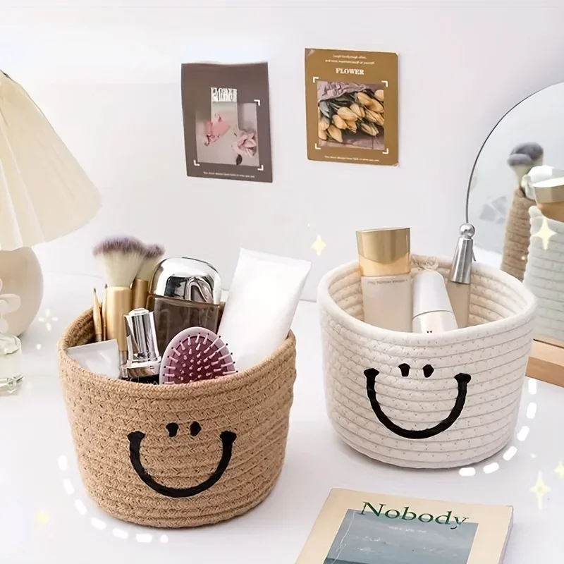 Cesta de almacenamiento tejida con sonrisa encantadora, organizador compacto para cosméticos, pinceles y bolígrafos, ideal para escritorio, oficina, decoración de dormitorio