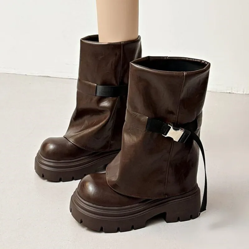 جديد امرأة الأحذية الركبة عالية منصة حذاء بكعب سميك الاتجاه الشرير القوطية روك الجلود موضة أحذية نسائية دراجة نارية الأحذية الأحذية #1