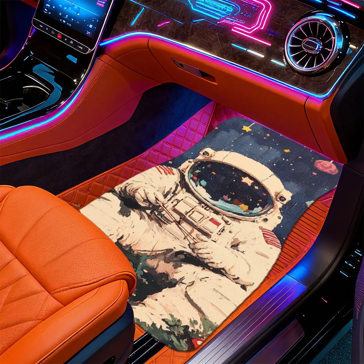 2D Flat, 4pcs Modern Minimalist Car Floor Mats With Space Astronaut And Fantasy Elements - Compatible With Multiple Car Models,