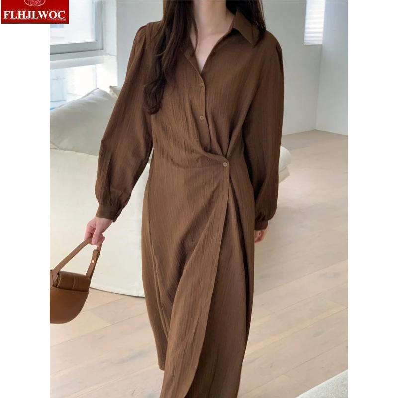 ゆったりとしたローブドレス、シックな韓国風、フェミニンなワンピース、女性用長袖カジュアルレトロヴィンテージ、ラップアップボタンシャツドレス