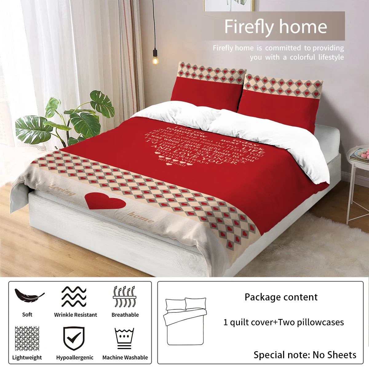 3 piece matte polyester fabric bedding set, skin friendly, comfortable, warm, red surface, heart-shaped, diamond shaped grid,