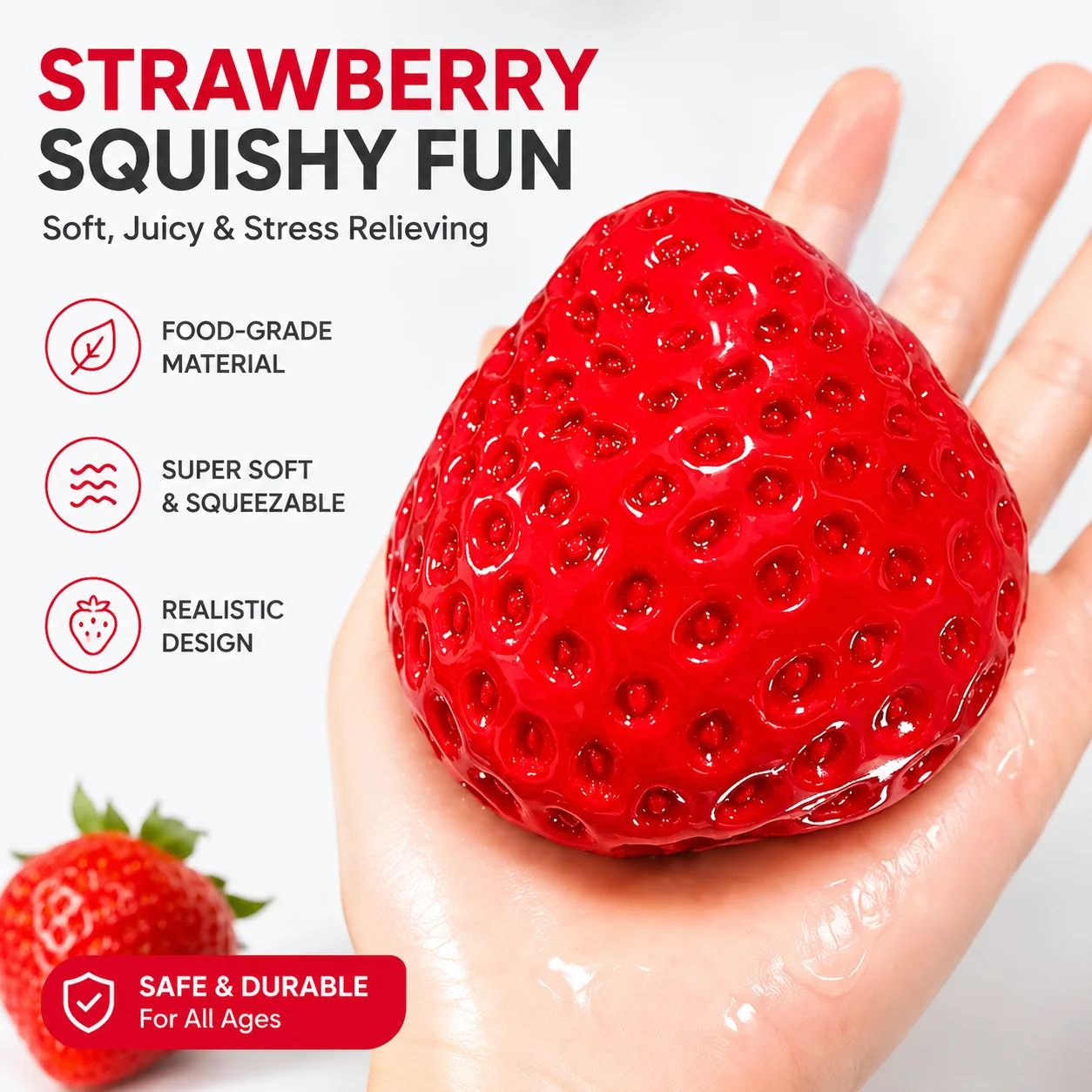 Red Strawberry Squishy Toy, Soft Slow Rising Fruit Squeeze Fidget Toy, Realistic Strawberry Stress Relief Toy for Kids Adults Anxiety Relief, Cute Food Shape Squeeze Sensory Toy Gift