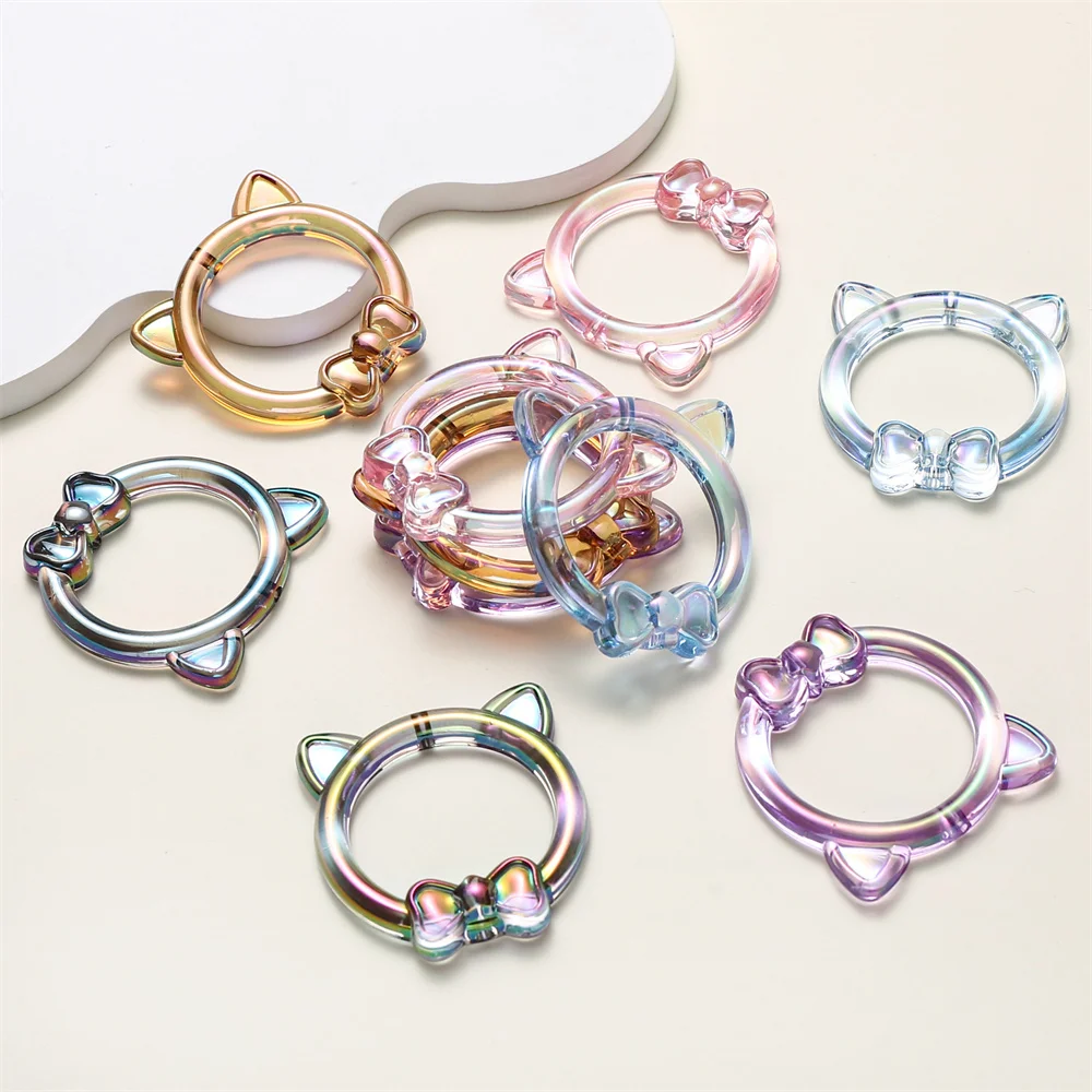 5 Stück/Packung 40mm Harz-Katzenohr-Schleifenperlen mit vertikalem Loch, bunte transparente Ringanhänger für DIY-Halsketten- und Armbandherstellung – Detail 6