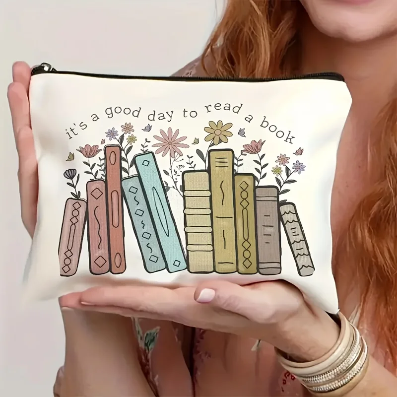 1pc Fun for Book Fans A Day of Reading Flower and Book Design Makeup Bag for both Men and Women Daily Use Gift for Book Lovers