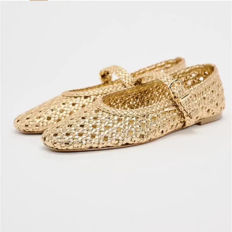 2024 Autumn Mary Jane Shoes Woman Golden Braided Ballet Flats Shoes Women's French Style Square Toe Flat With Buckle Single Shoe