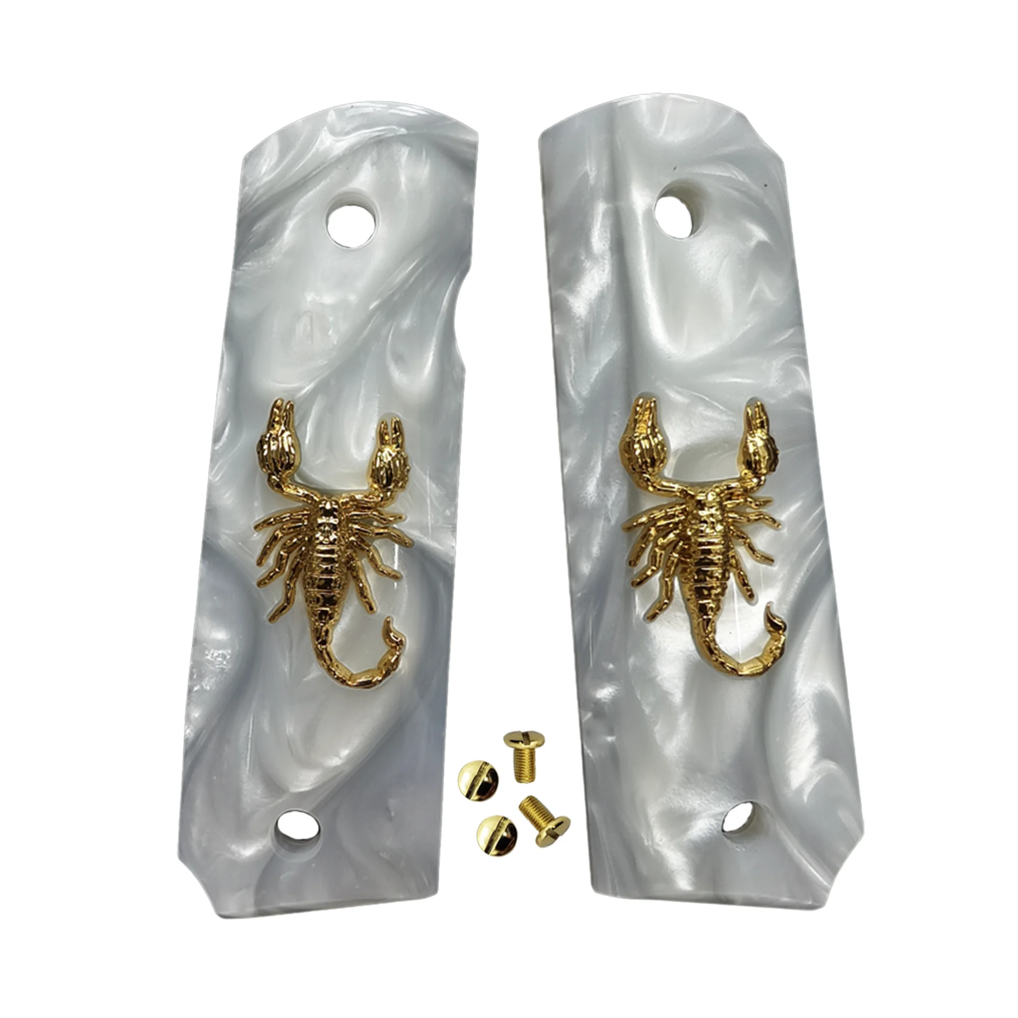 1911 Grips Full Size,White pearl with Gold Scorpion ,Fits Colt,Kimber,Springfield,Remington,Rock Island,Government Commander