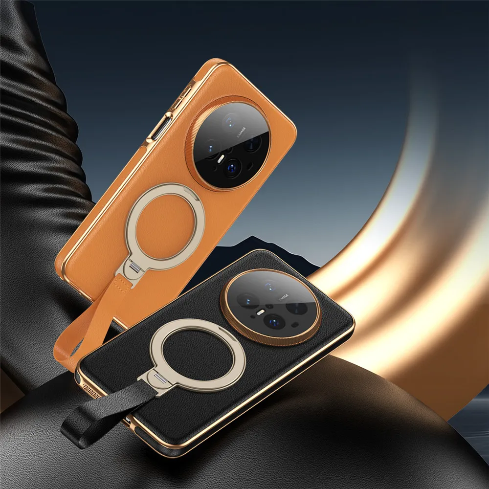 

Premium PU Leather Magsafe Glass Film Case For Huawei Mate60 70 Pro Bracket Strap Cover