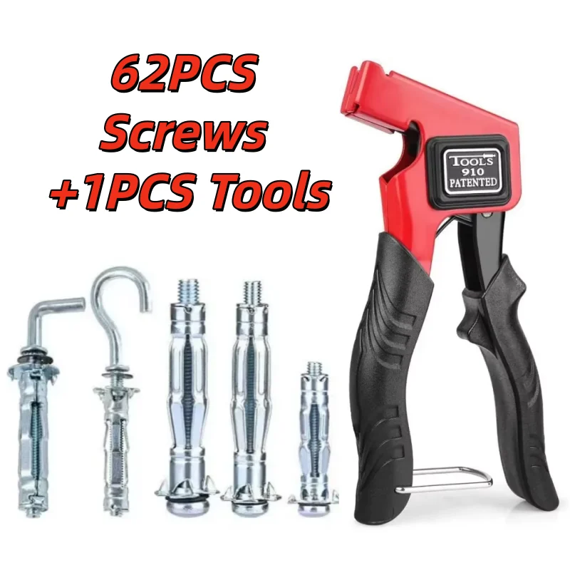 62pcs M4 M5 M6 Expansion Screw Set Iron Galvanized Hollow Wall Anchors with Red Handle Vise Tool for Heavy Duty Fixing