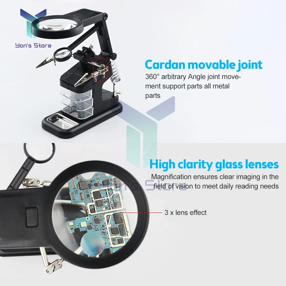 Multifunctional Electric Soldering Iron LED Magnifier 3X/4.5X Magnifying glass Alligator Clip Holder Helping Hand Welding Tools
