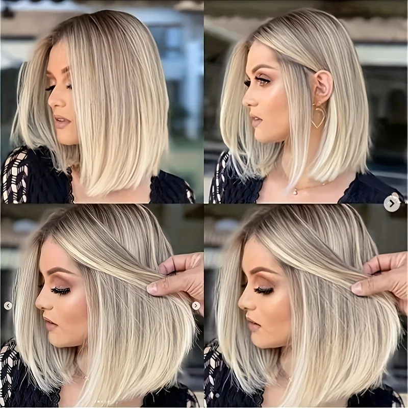 European and American fashion straight hair gray to gold gradient women's short synthetic wig full headpiece in stock blac