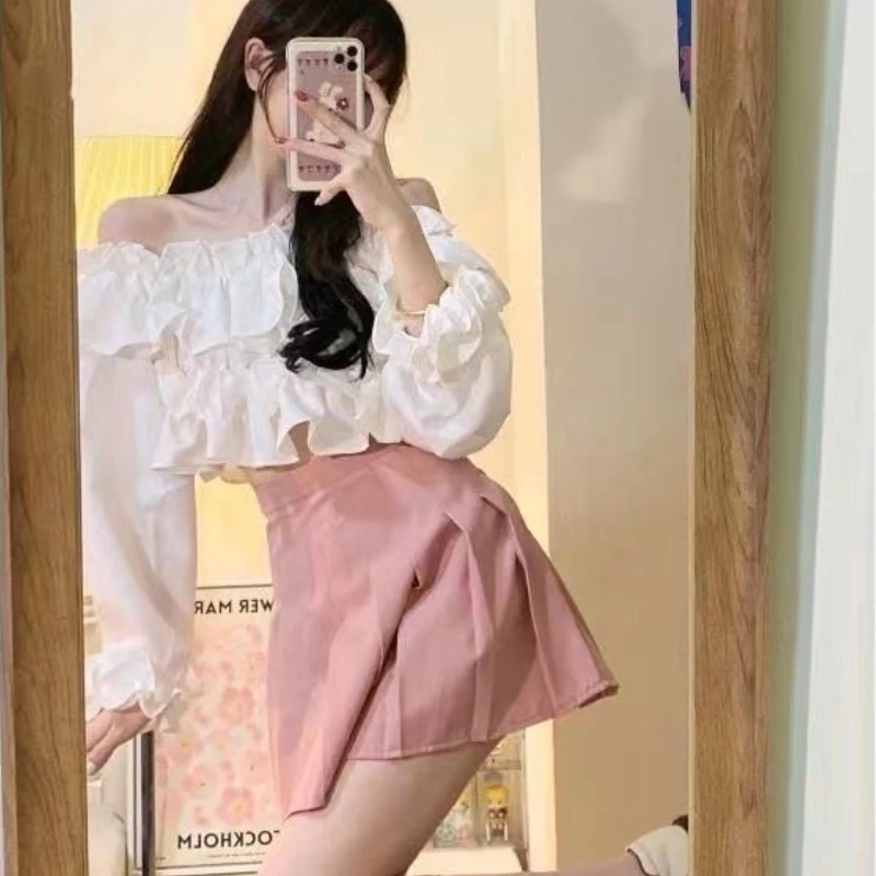 Sets Woman Casual Skirts Mini Pleated Solid Ruffles Ins New Slash Neck Sweet Cute Summer Korean Style Fashion Lady Daily Cozy